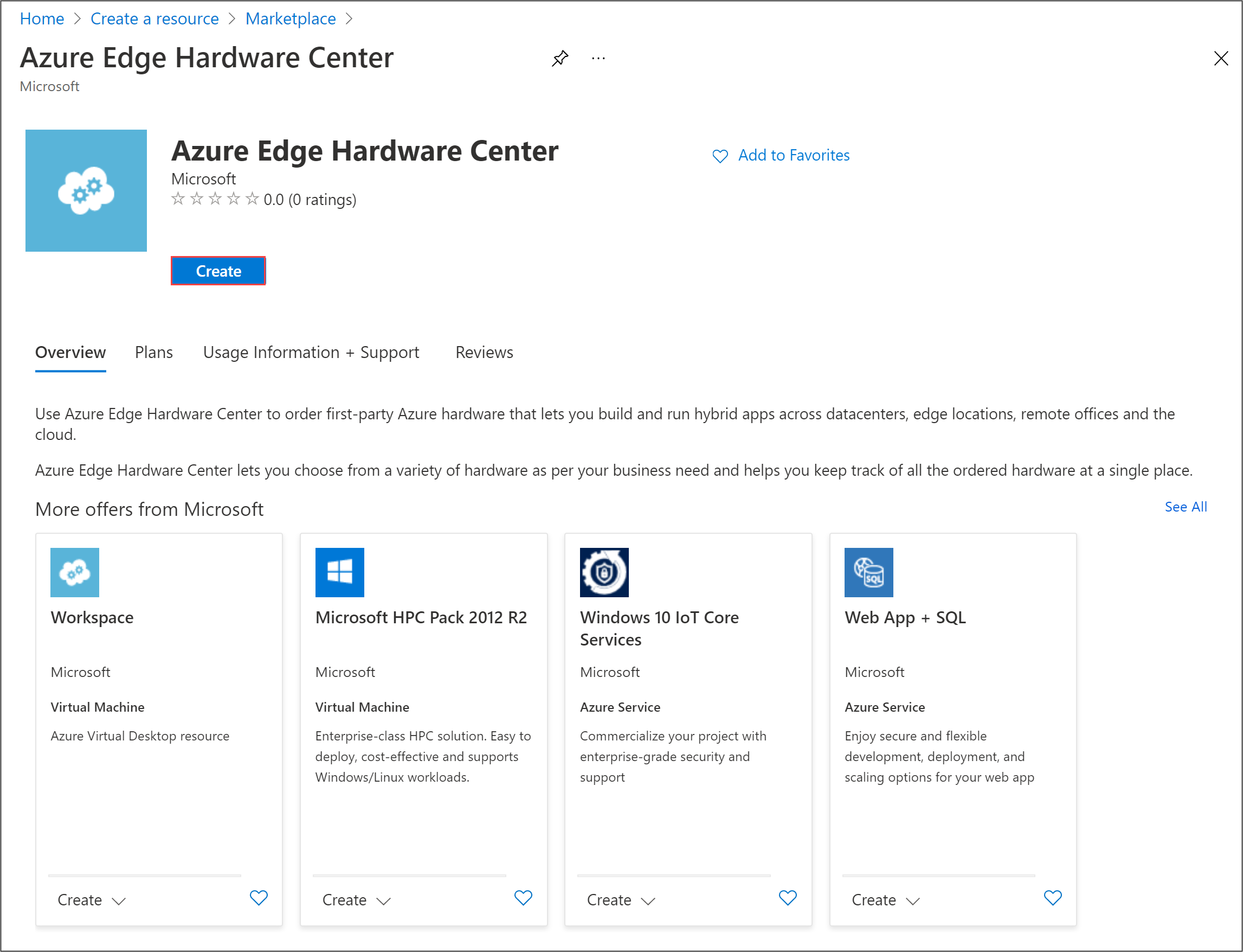 Azure Stack Edge 硬體中心首頁的螢幕擷取畫面。[建立] 按鈕已醒目提示。