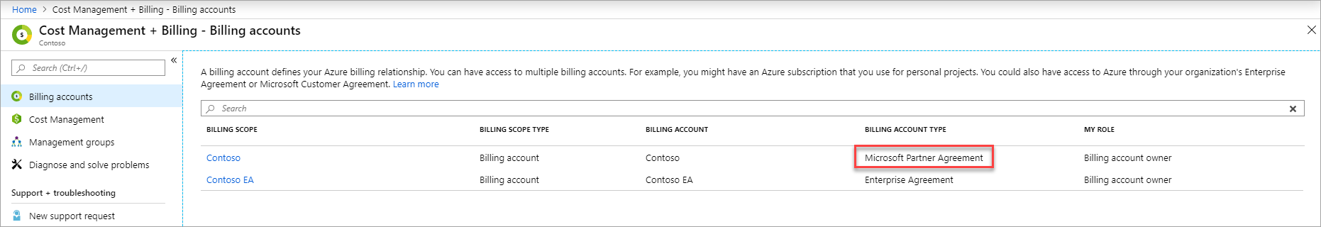 在 [計費帳戶清單] 頁面中顯示 Microsoft 合作夥伴合約的螢幕擷取畫面
