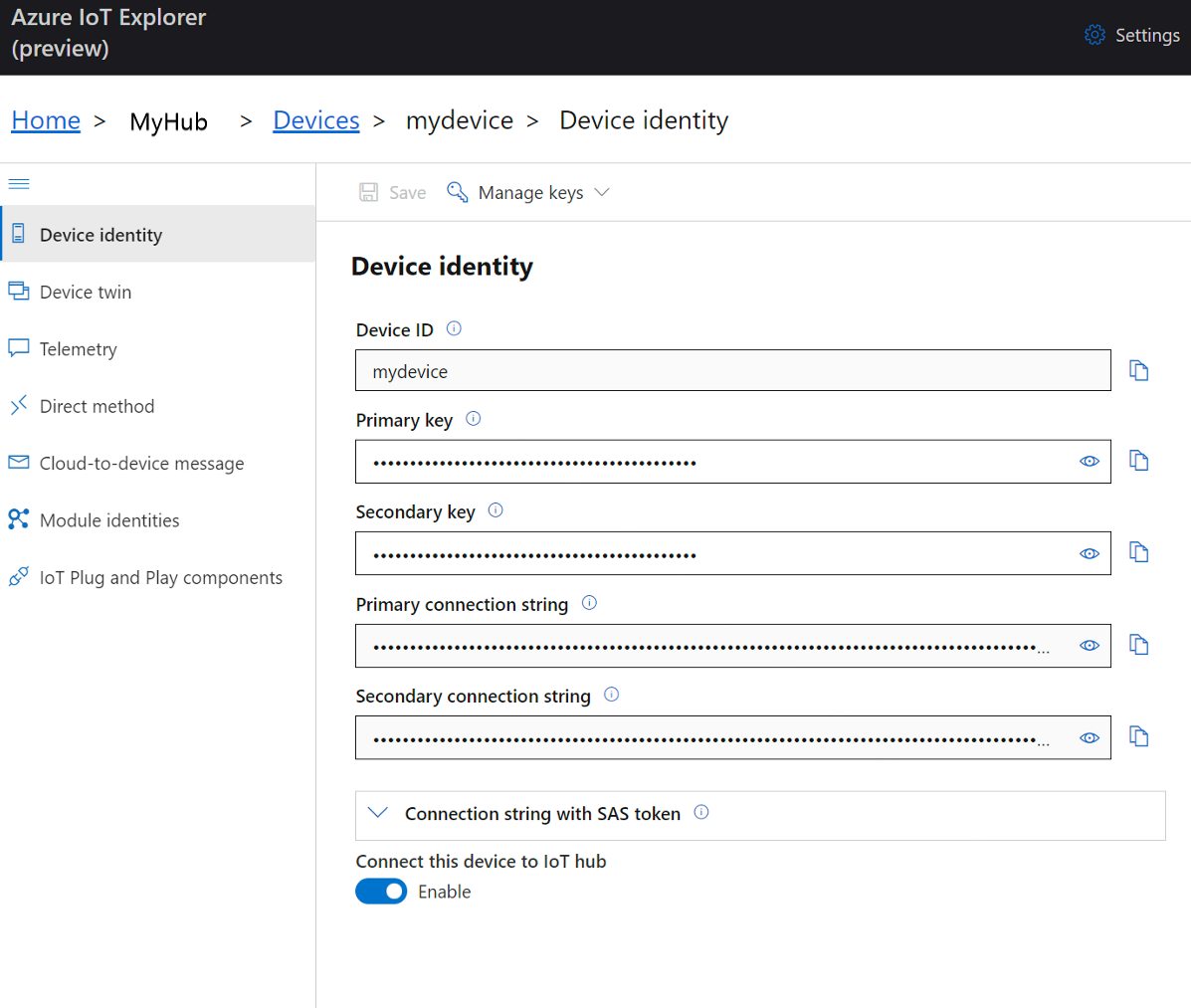 Azure IoT Explorer 裝置身分識別的螢幕快照。