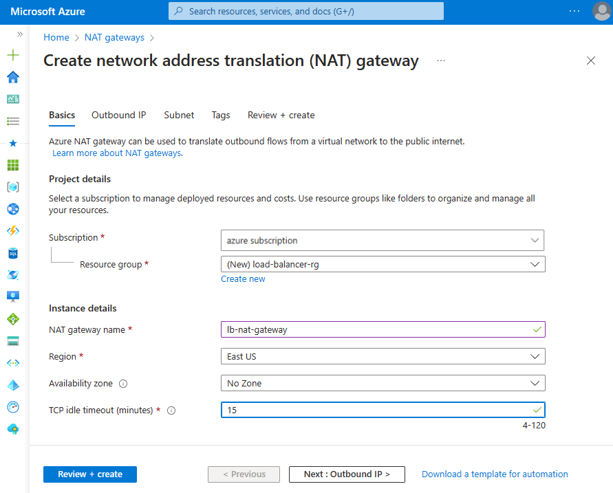 Azure 入口網站中 [建立網络位址轉譯閘道] 視窗的螢幕擷取畫面。