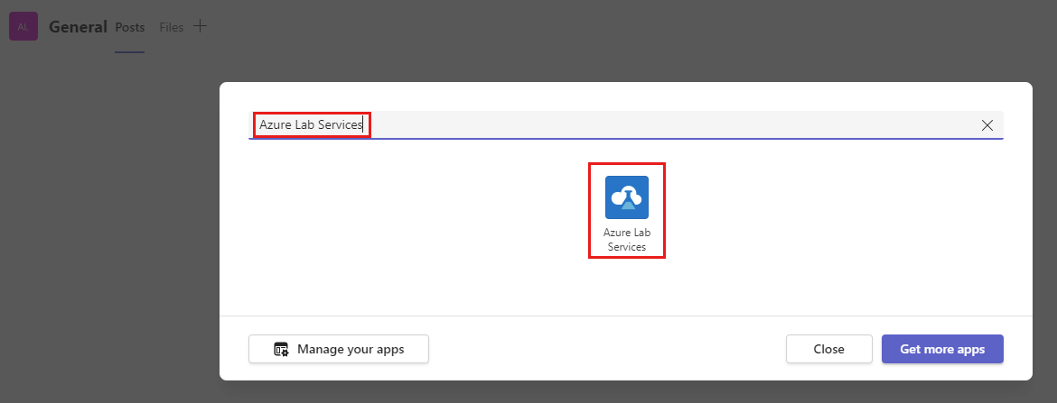 顯示在 Teams 中新增應用程式對話方塊的螢幕擷取畫面，其中強調顯示 Azure 實驗室服務應用程式。