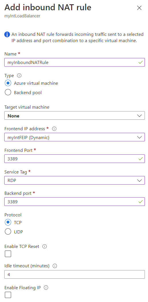 Azure 虛擬機器 [新增輸入 NAT 規則] 頁面的螢幕快照