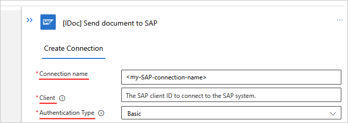 此螢幕擷取畫面顯示使用基本驗證之標準工作流程的 SAP 內建連線設定。