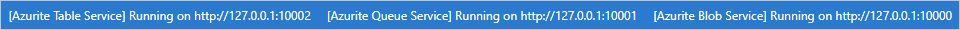 此螢幕擷取畫面顯示正在執行的 Azure Blob 服務、Azure 佇列服務和 Azure 表格服務的 Visual Studio Code 工作列。