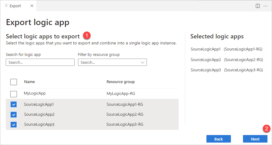 顯示 [選取要匯出的邏輯應用程式] 區段的螢幕擷取畫面，其中選取了要匯出的邏輯應用程式。
