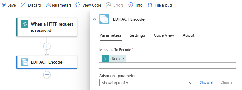 螢幕擷取畫面顯示標準工作流程、名為 EDIFACT 編碼的動作，以及訊息編碼屬性。