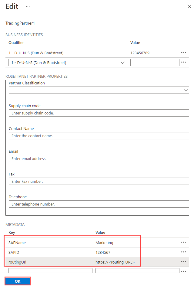 Screenshot of the 'Edit' pane for 'TradingPartner1'. Under 'Metadata', three key-value pairs are highlighted and 'OK' is selected.