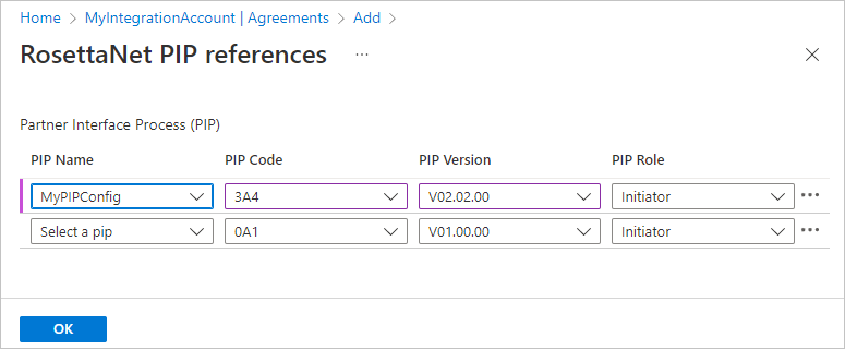 此螢幕擷取畫面顯示具有 PIP 資訊的資料表。名為 MyPIPConfig 的 PIP 資料列顯示了精確資訊。