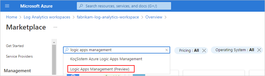 顯示 Azure 入口網站 [Marketplace] 頁面搜尋方塊的螢幕擷取畫面，其中已輸入「Logic Apps 管理」，並已選取 [Logic Apps 管理]。