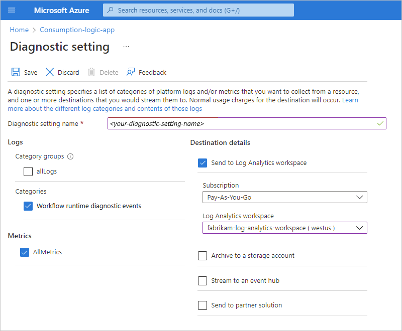 顯示 Azure 入口網站、Log Analytics 工作區，以及要收集之資料的螢幕擷取畫面。