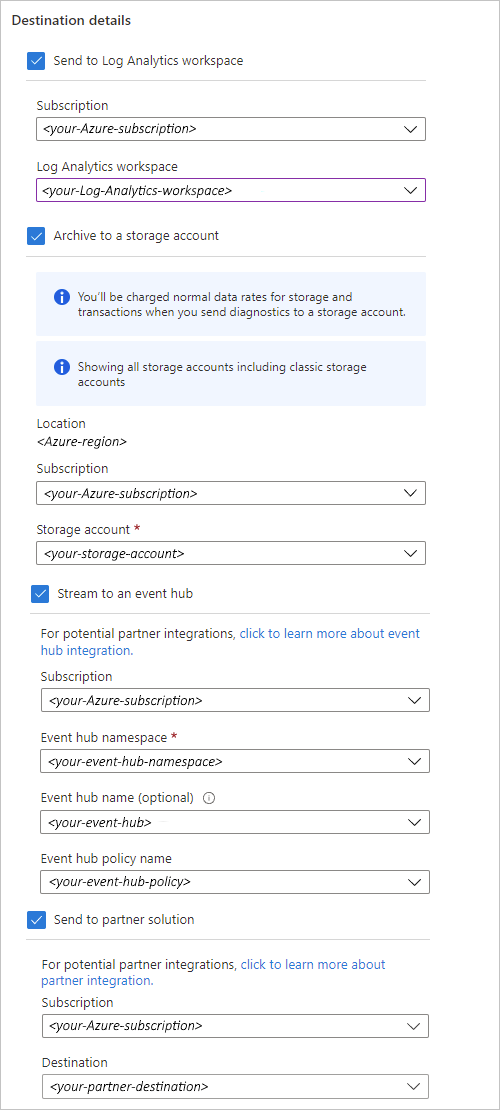 顯示 Azure 入口網站、取用邏輯應用程式資源、儲存體帳戶和事件中樞選項之診斷設定的螢幕擷取畫面。