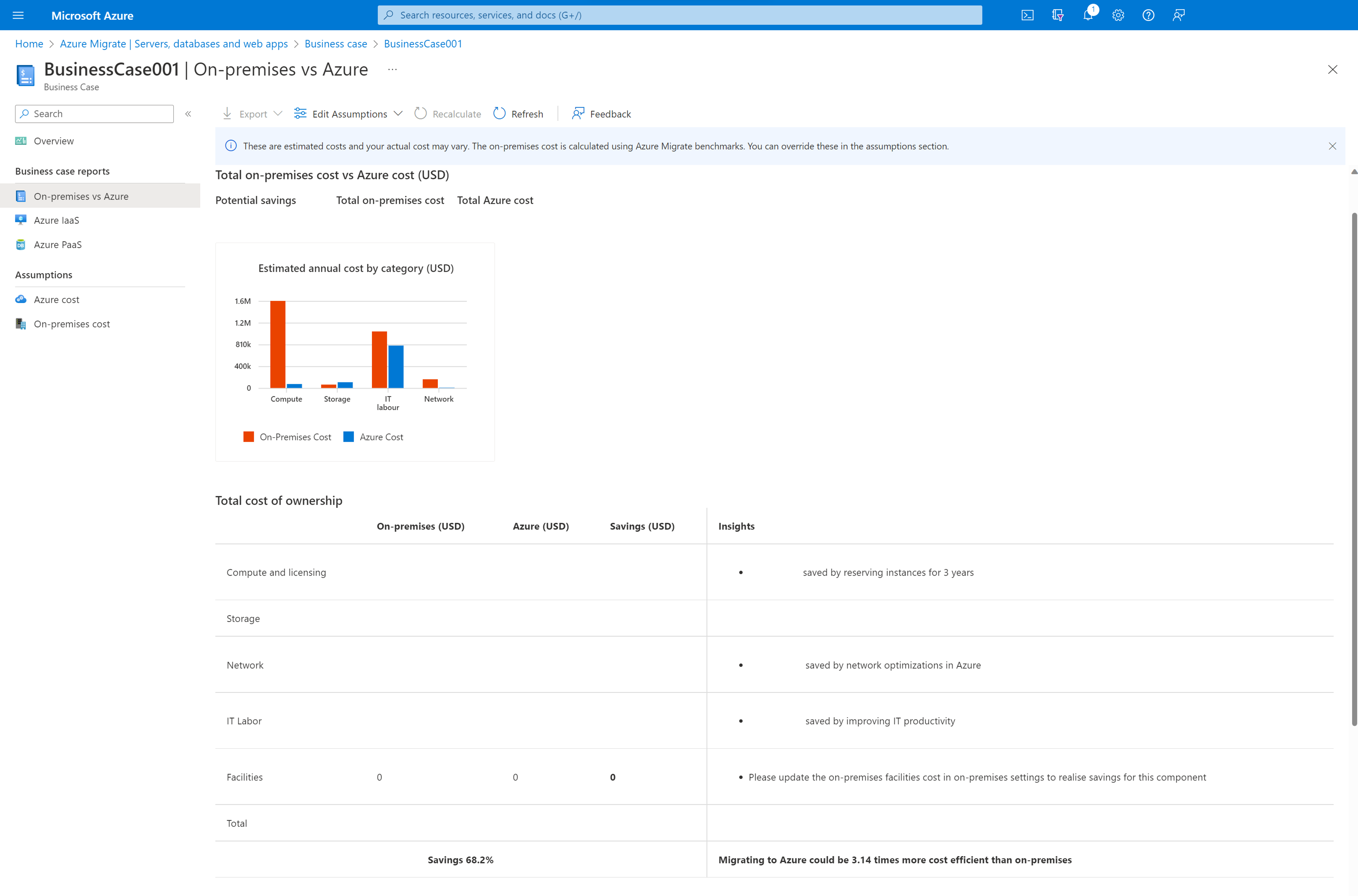 內部部署和 Azure 比較的螢幕快照。