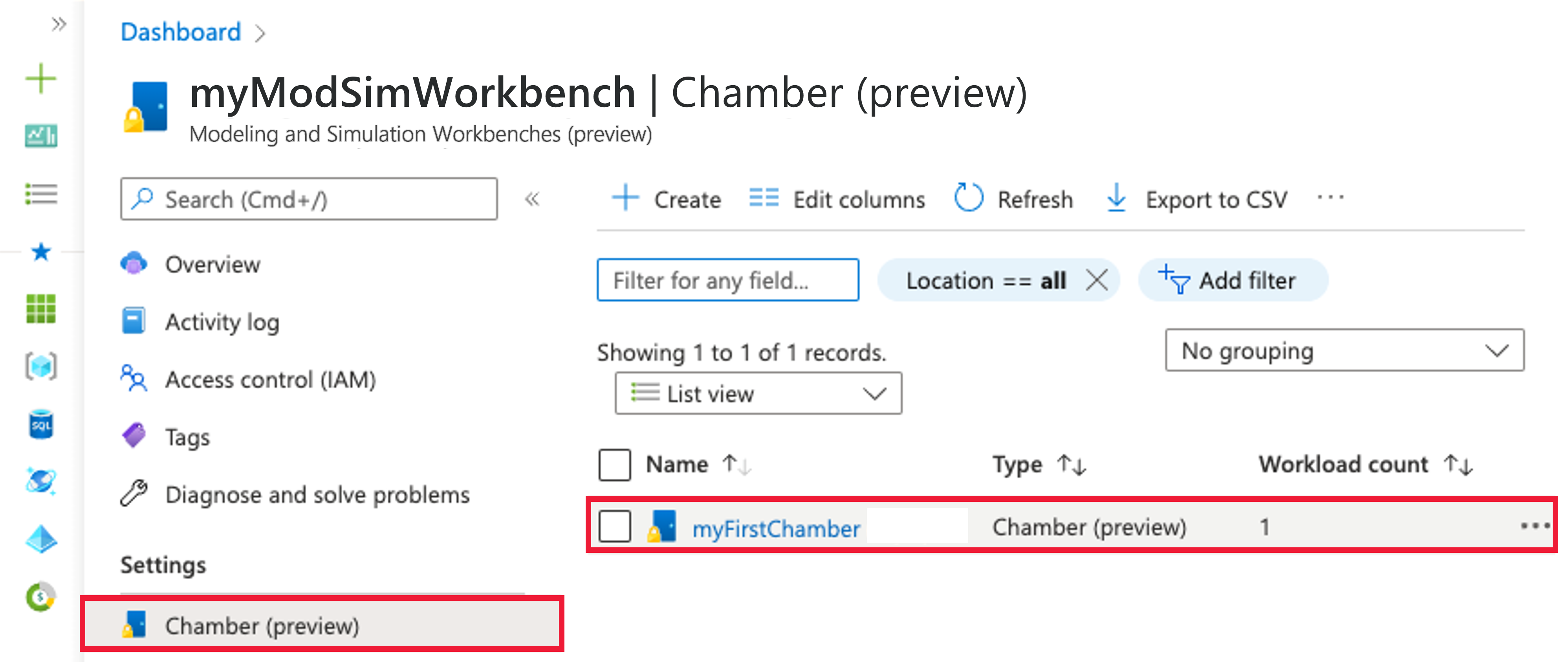 要選取 myFirstChamber 的全域搜尋螢幕擷取畫面