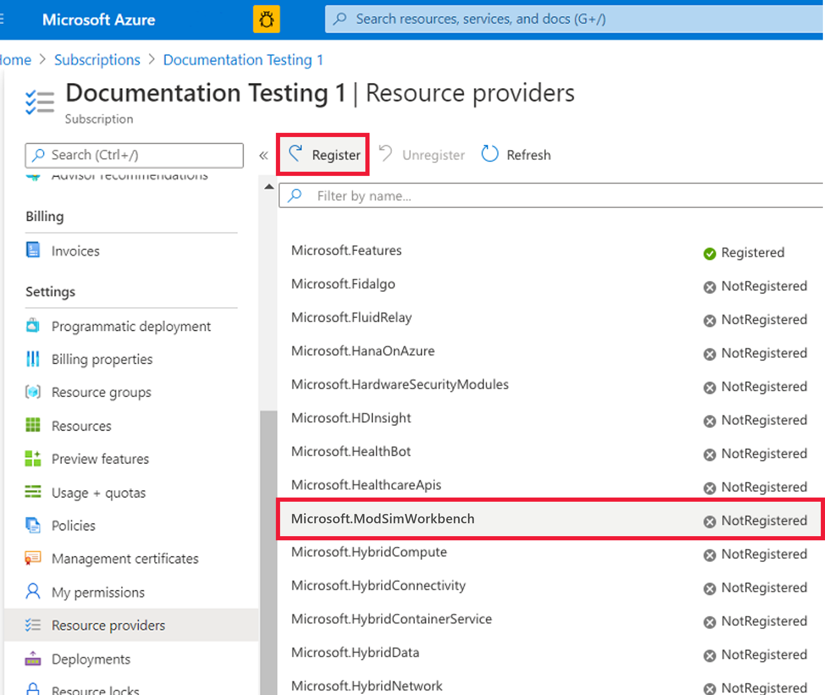 網頁瀏覽器中的 Azure 入口網站螢幕擷取畫面，其中顯示註冊資源提供者。