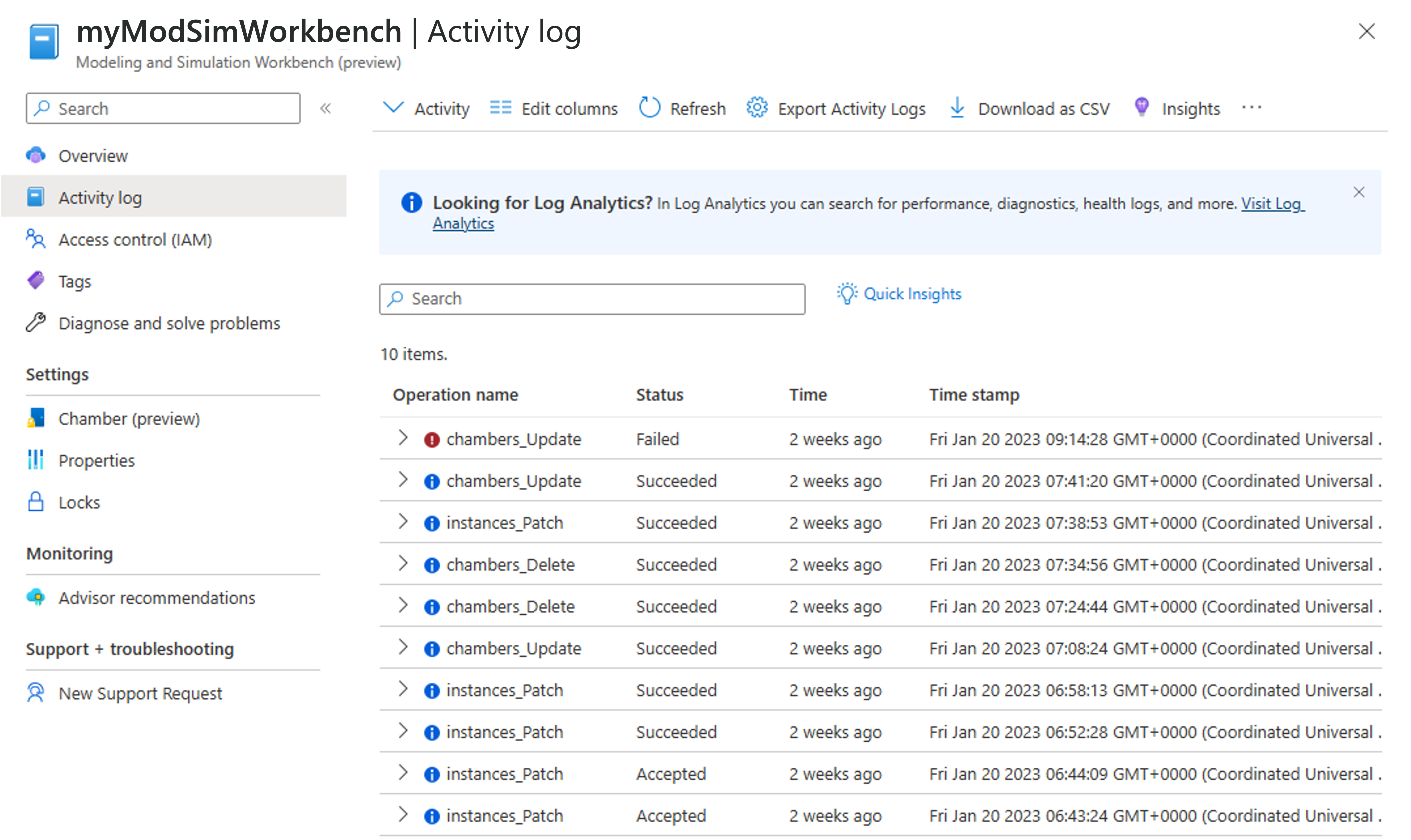 網頁瀏覽器中的 Azure 入口網站螢幕擷取畫面，其中顯示工具台的活動記錄。