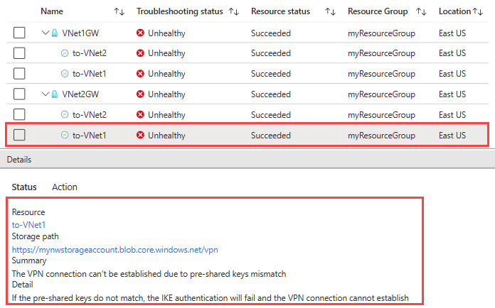 此螢幕快照顯示連線狀態，以及完成疑難解答之後 Azure 入口網站 中 VPN 疑難解答測試的結果。