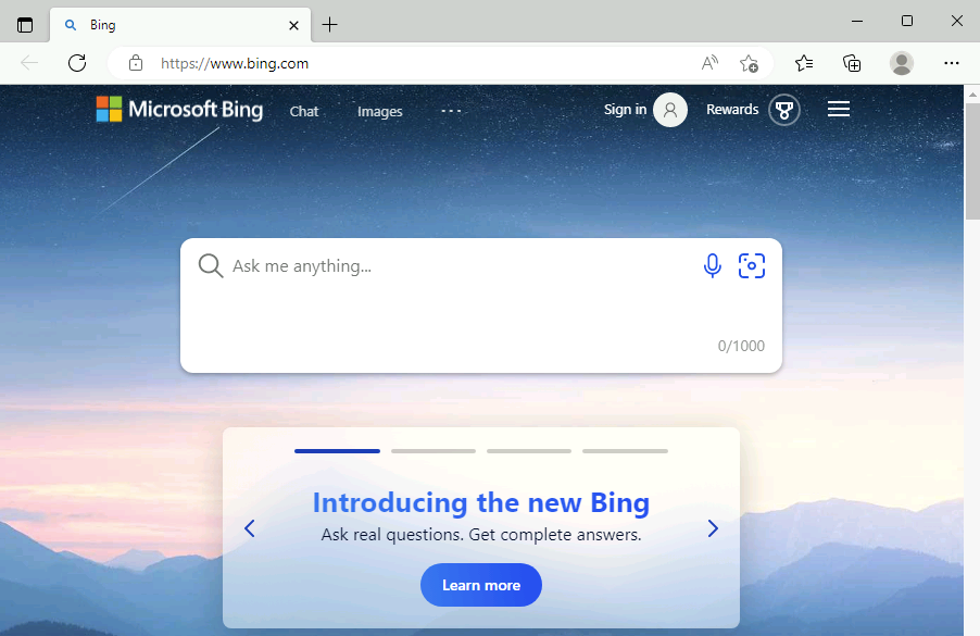 顯示網頁瀏覽器中 Bing 頁面的螢幕快照。