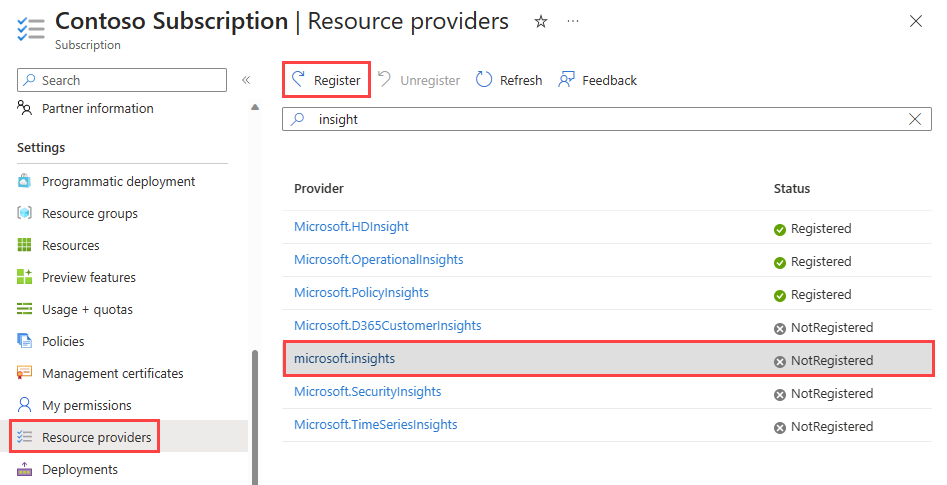 顯示如何在 Azure 入口網站中註冊 Microsoft Insights 提供者的螢幕擷取畫面。