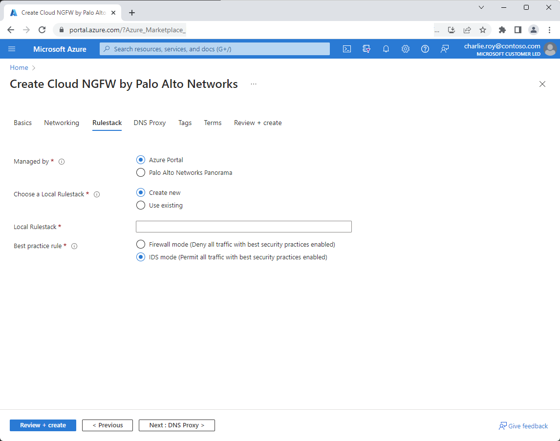 Palo Alto Networks 建立體驗中 Rulestack 的螢幕快照。