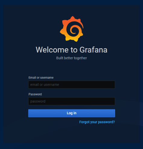 Grafana 登入頁面的螢幕快照，其中包含使用者名稱和密碼的字段。