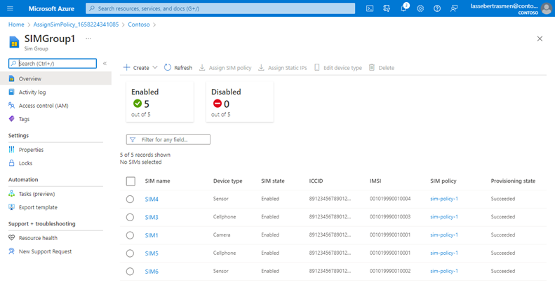 Azure 入口網站 的螢幕快照，其中顯示包含 SIM 的 SIM 群組資源。