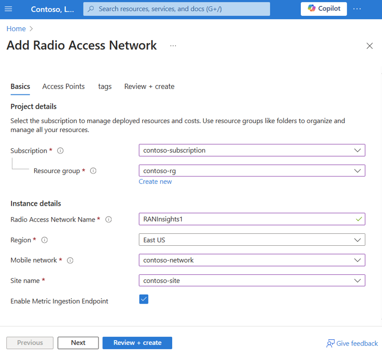 顯示建立期間 RAN 深入解析資源基本概念索引標籤之 Azure 入口網站 的螢幕快照。