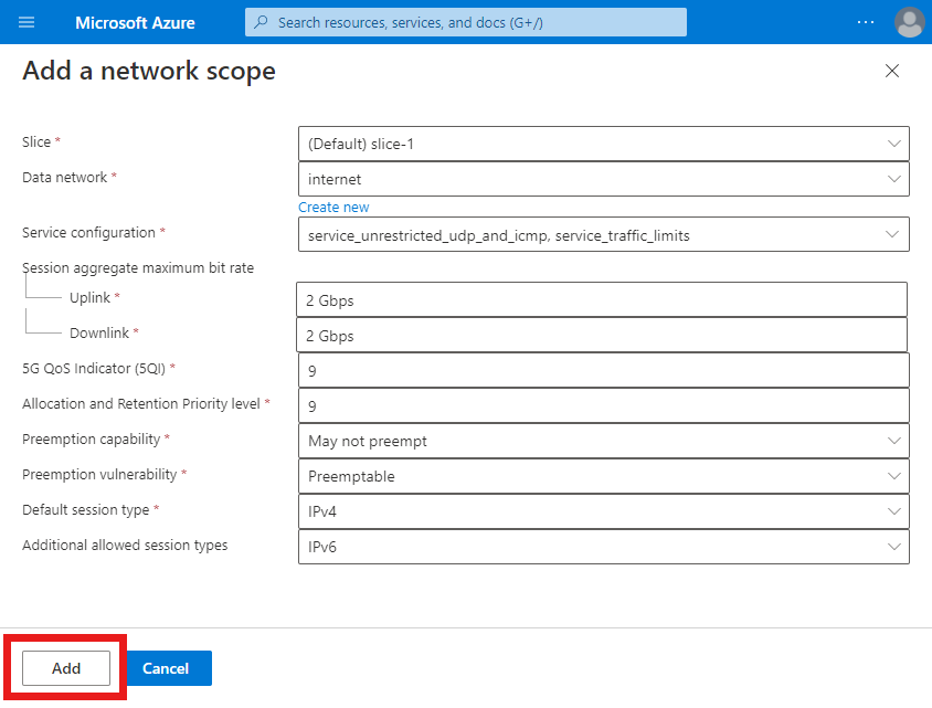 顯示 [新增網路範圍] 畫面Azure 入口網站螢幕擷取畫面。[新增] 選項會反白顯示。