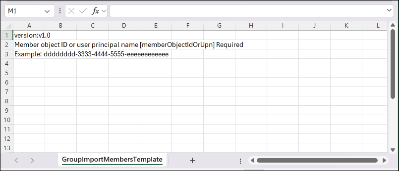 顯示群組匯入成員範本 CSV 的螢幕快照。