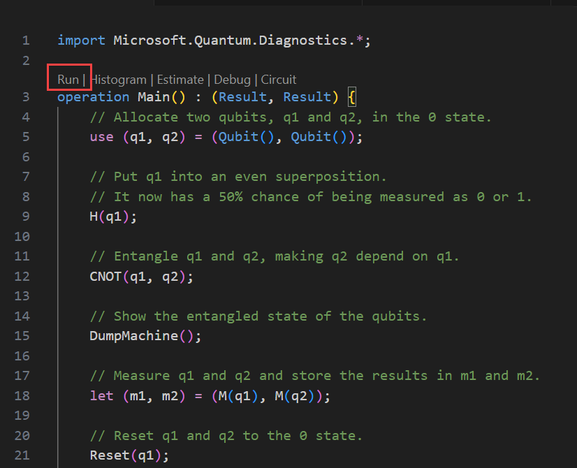 Visual Studio Code 中檔案的 Q# 螢幕快照，其中顯示尋找 [執行] 命令的位置。