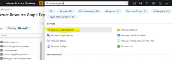 入口網站中 Azure Resource Graph 總管的螢幕擷取畫面。