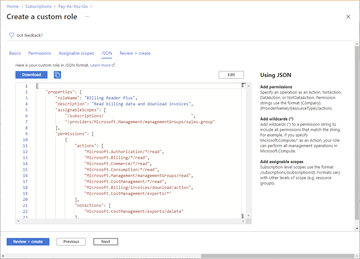 顯示自定義角色的 JSON 索引標籤