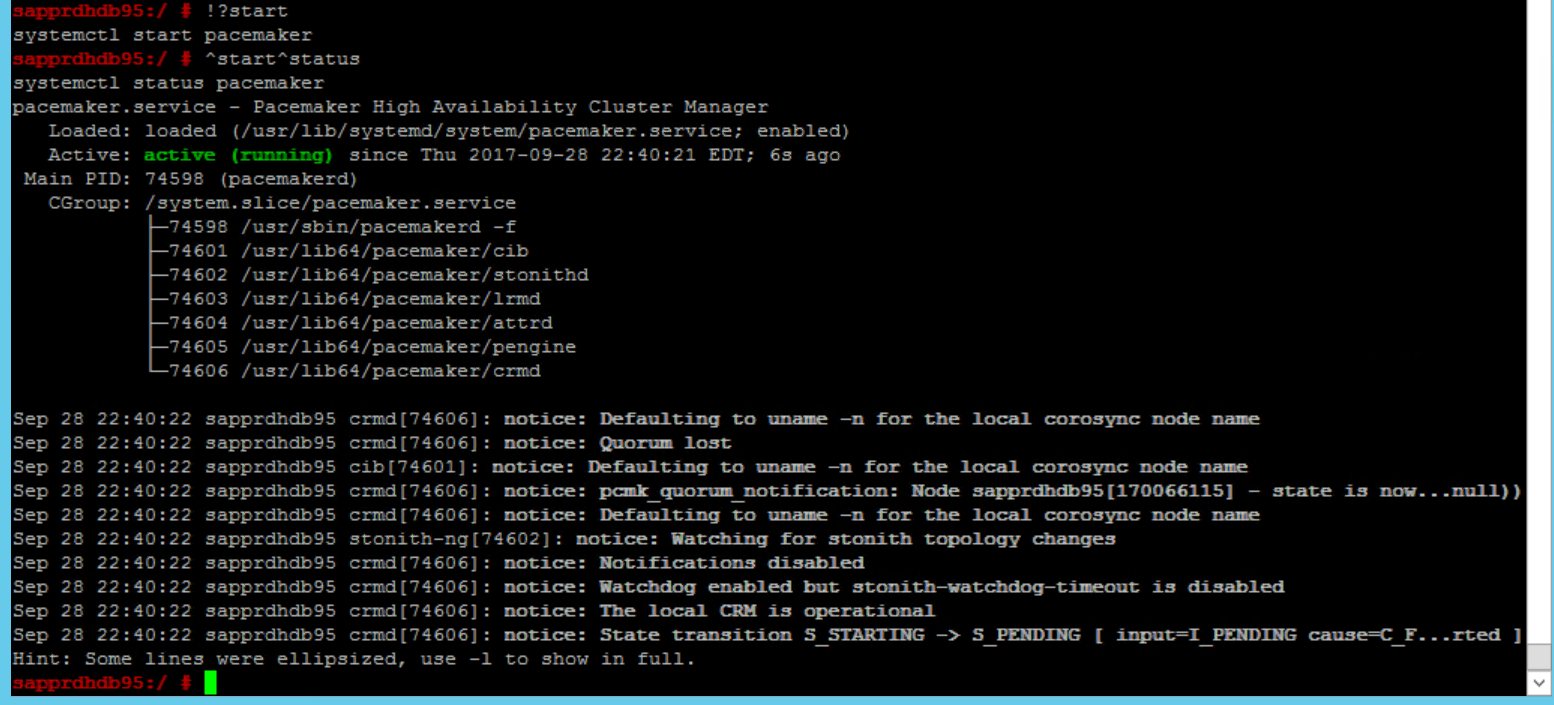 此螢幕擷取畫面顯示一個主控台視窗，其中顯示啟動 Pacemaker 之後的狀態。