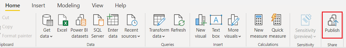 顯示在 Power BI Desktop 功能區中 [發佈] 螢幕擷取畫面。