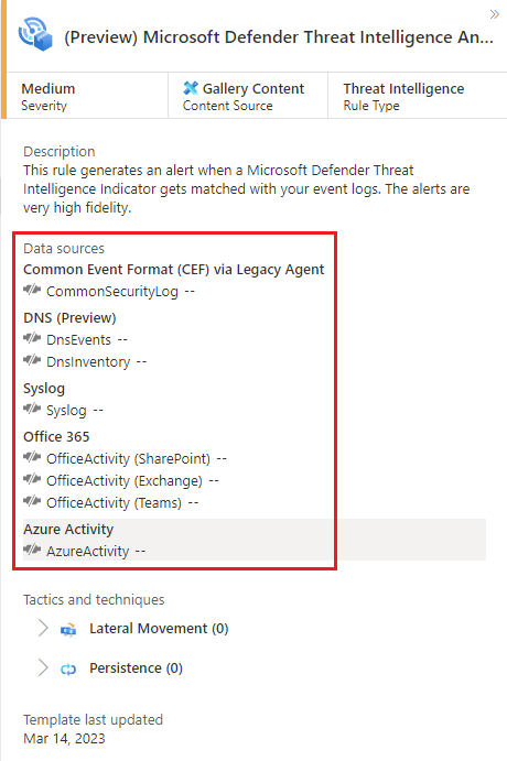 顯示 Microsoft Defender 威脅情報分析規則資料來源連線的螢幕擷取畫面。