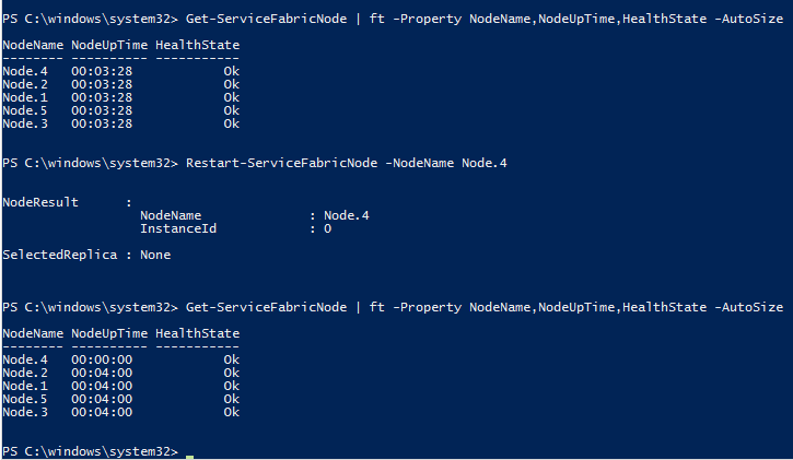 在 PowerShell 中執行 Restart-ServiceFabricNode 命令的螢幕快照。