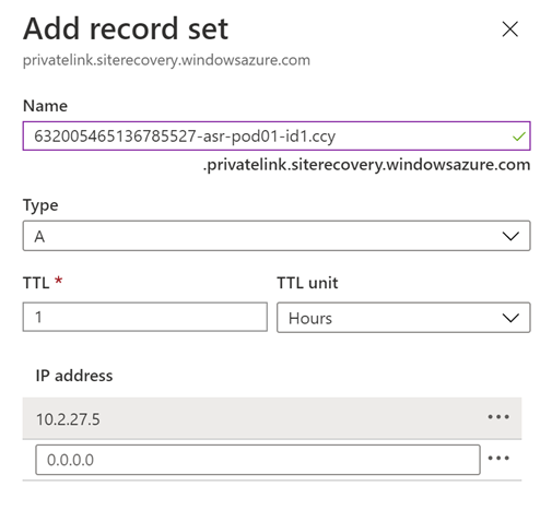 顯示頁面，以將完整網域名稱的 DNS A 類型記錄新增至 Azure 入口網站中的私人端點。