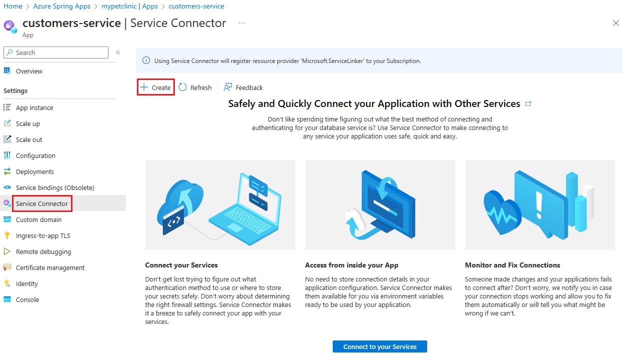 Azure Spring Apps 實例中 Azure 入口網站 的螢幕快照，建立與 Service Connector 的連線。