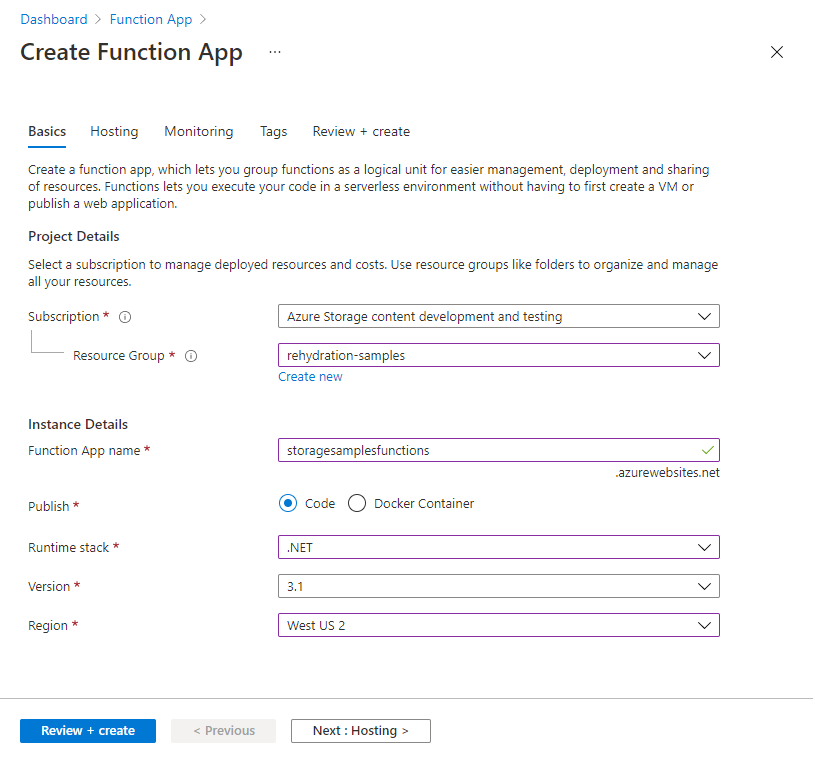 螢幕擷取畫面顯示如何在 Azure - [基本資料] 索引標籤中建立新函數應用程式