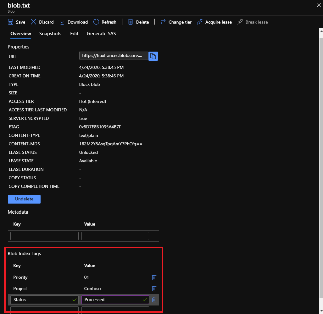 Azure 入口網站的螢幕擷取畫面，顯示如何在 Blob 上取得、設定、更新和刪除索引標記。