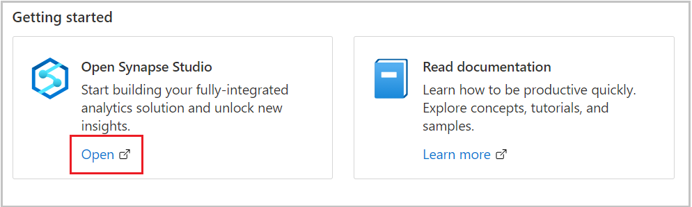 Synapse Studio 的螢幕快照，其中顯示 [開啟 Synapse Studio] 方塊和 [開啟] 連結。