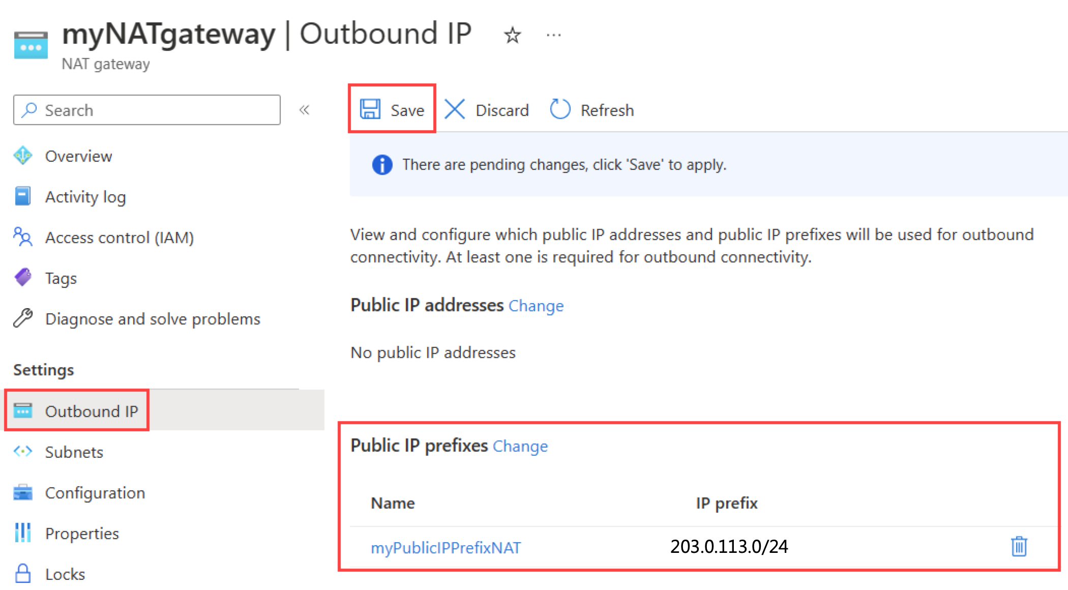 Screenshot of the NAT gateway Outbound IP configuration page showing the new public IP prefix.