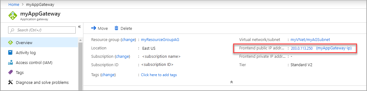 [概觀] 頁面上 應用程式閘道 公用IP位址的螢幕快照。