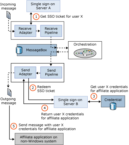 此圖顯示單一 Sign-On (SSO) Server 如何在 SSO 資料庫中查閱應用程式的認證。