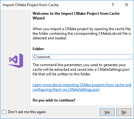 [從快取匯入 CMake 專案] 精靈的螢幕擷取畫面。要匯入 CMake 專案的目錄路徑會移至 [資料夾] 文字方塊中。