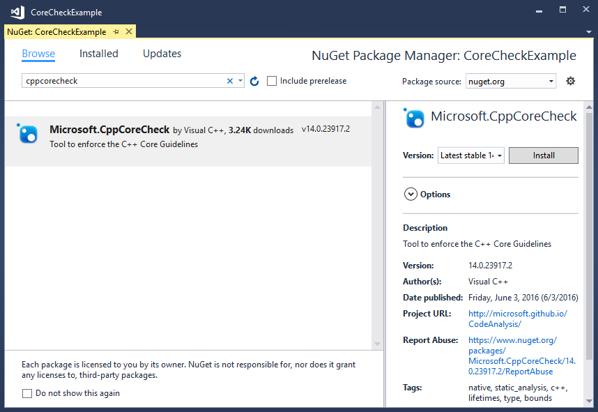 顯示 CppCoreCheck 套件的 Nuget 封裝管理員 視窗。