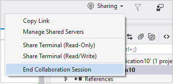 [共用] 下拉式清單的螢幕快照，其中已醒目提示 [結束共同作業會話] 選項。