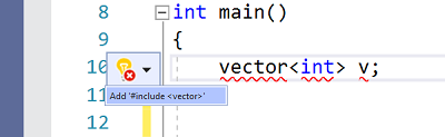 錯誤的螢幕快照，以及 #include vector 的建議快速修正。