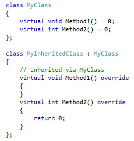 MyInheritedClass 的螢幕快照，其現在有 2 個虛擬方法定義，符合基類中宣告的名稱和簽章。