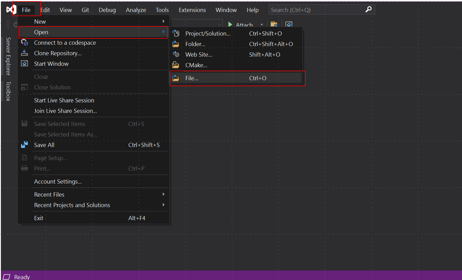 Visual Studio 中 [檔案開啟檔案] 功能表的螢幕快照。