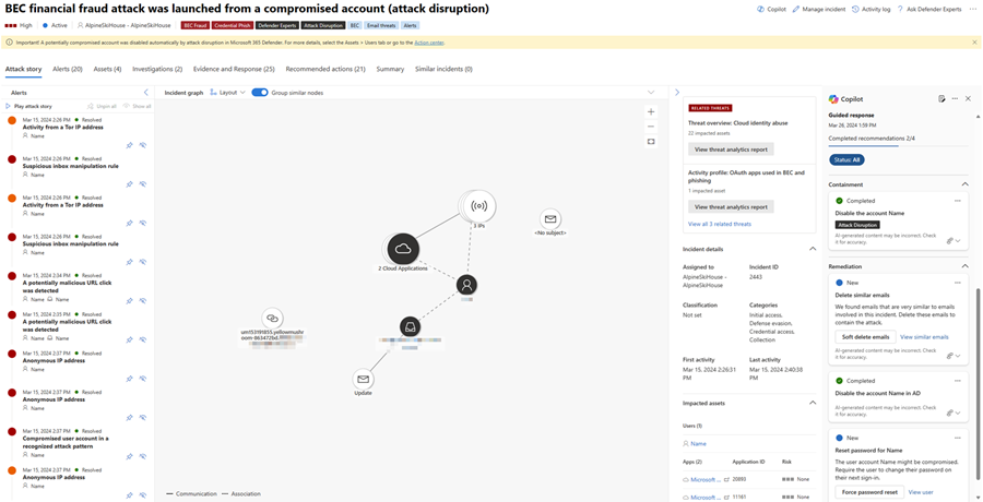 顯示 [Copilot] 窗格的螢幕快照，其中包含 [Microsoft Defender 事件] 頁面中的引導式回應。